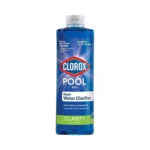 Clorox Pool & Spa Super Water Clarifier 32 oz bottle, blue label, crystal clear pool water background