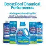 Clorox Pool & Spa Super Water Clarifier 32 oz bottle, blue label, crystal clear pool water background