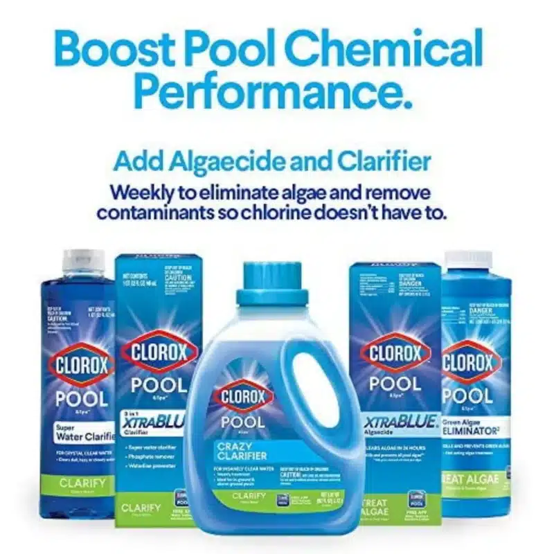 Clorox Pool & Spa Super Water Clarifier 32 oz bottle, blue label, crystal clear pool water background