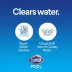 Clorox Pool & Spa Super Water Clarifier 32 oz bottle, blue label, crystal clear pool water background