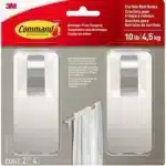 Command 10 lb Satin Nickel Curtain Rod Hooks with adhesive strips, damage-free installation.