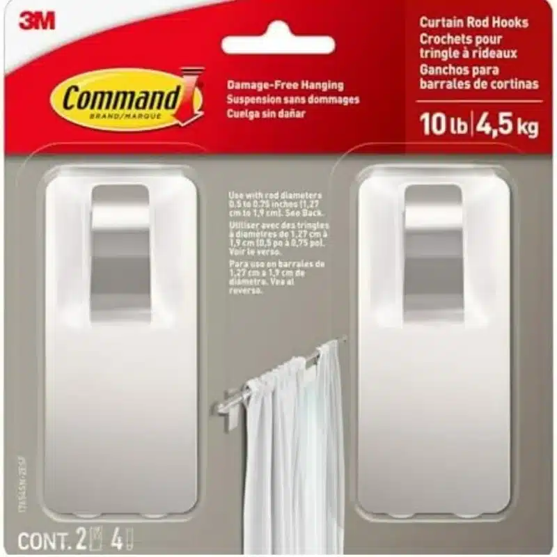 Command 10 lb Satin Nickel Curtain Rod Hooks with adhesive strips, damage-free installation.