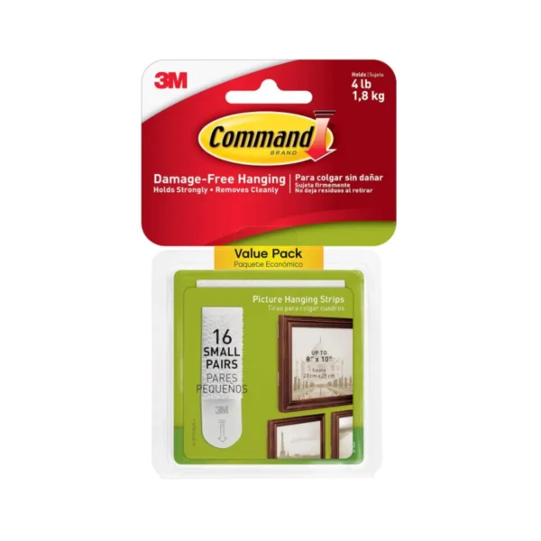 16 pairs of white Command small picture hanging strips for creating gallery walls, easy to use and damage-free.