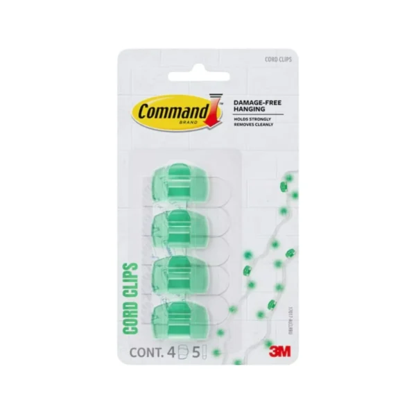 Four clear Command damage-free cord clips with adhesive strips. Organize your cables easily!
