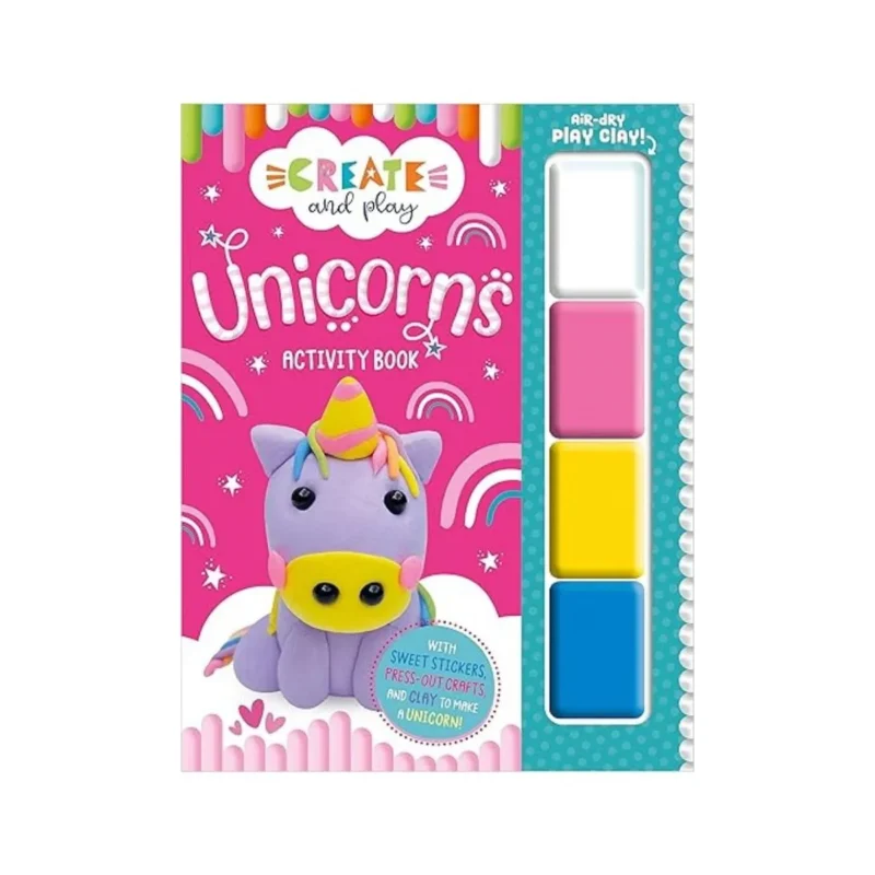 A child happily coloring a magical unicorn in a Create and Play activity book.