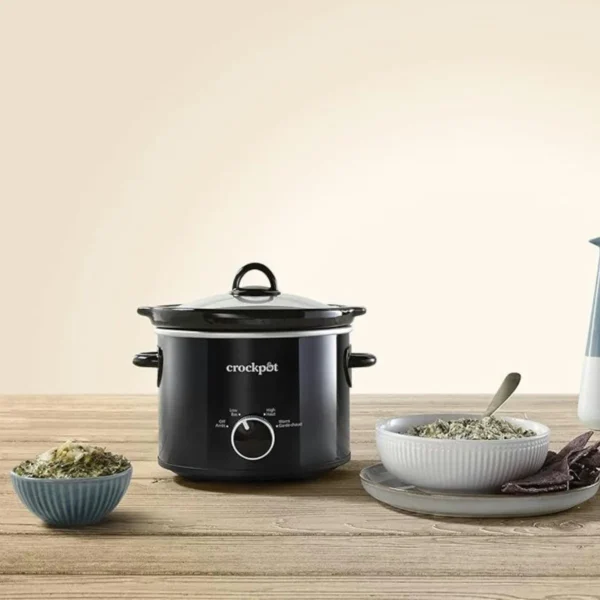 Silver/Black 2-quart slow cooker with cool-touch handles, perfect for small kitchens in Toronto.
