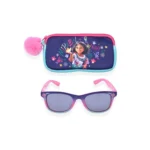 Disney Encanto girls' sunglasses with glitter purple, pink, and teal frames, featuring Mirabel. Includes zippered pouch.