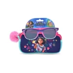 Disney Encanto girls' sunglasses with glitter purple, pink, and teal frames, featuring Mirabel. Includes zippered pouch.