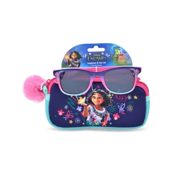 Disney Encanto girls' sunglasses with glitter purple, pink, and teal frames, featuring Mirabel. Includes zippered pouch.