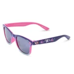 Disney Encanto girls' sunglasses with glitter purple, pink, and teal frames, featuring Mirabel. Includes zippered pouch.