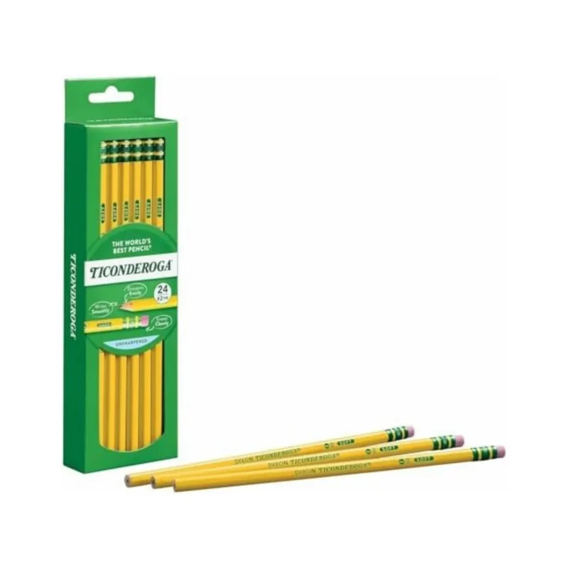 Box of 24 Dixon Ticonderoga #2 HB yellow pencils, pre-sharpened, classic design.