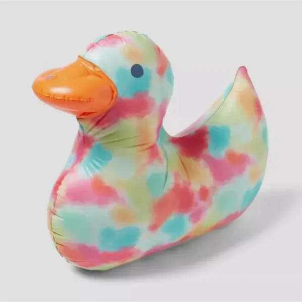 Yellow Sun Squad duck-shaped ride-on pool float with handles, perfect for kids and adults. Enjoy summer fun in Toronto!