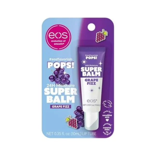 Limited edition eos Grape Fizz 24-hour moisture super balm lip mask in purple sphere packaging.