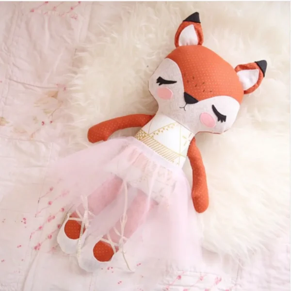 Handcrafted Felicity the Fox plush doll in pink gingham skirt. Soft felt, perfect nursery gift or shelf decor.