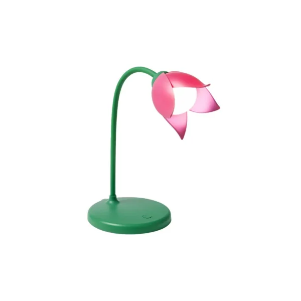 Green and pink flower-shaped LED table lamp, perfect for kids' rooms. Battery or USB powered.