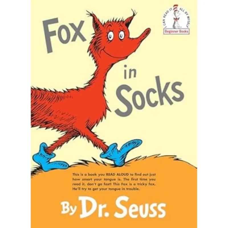 Fox in Socks book cover, bright and colorful illustrations, Dr. Seuss
