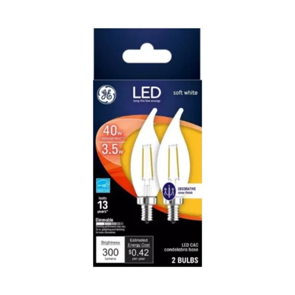 Two GE 3.5W LED clear bent tip decorative bulbs, soft white light, elegant filament design.