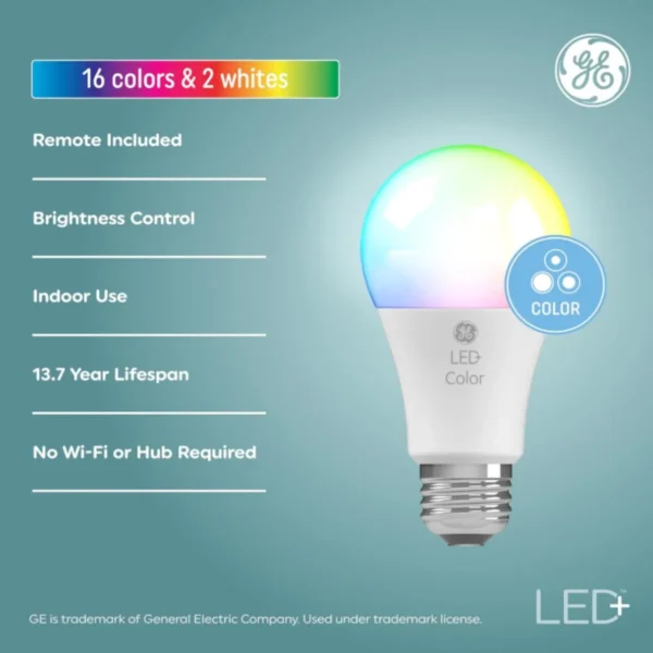 GE LED+ Color Changing Light Bulb, A19, 9.5W, illuminates your home with vibrant color.