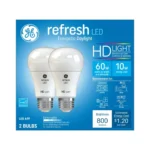 Two GE 60W equivalent A19 LED light bulbs, daylight, dimmable, energy star certified.