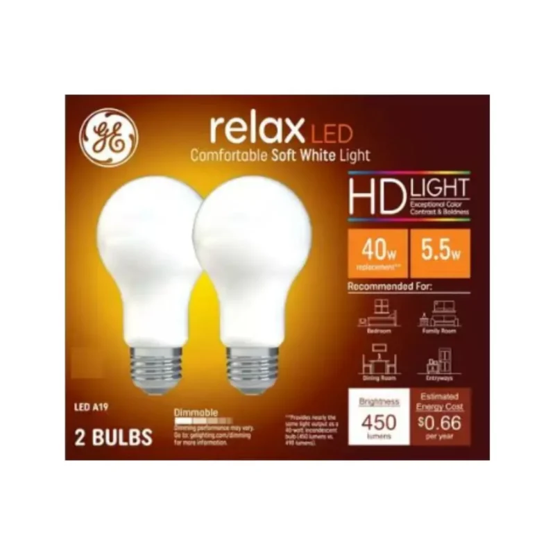 Two GE Relax HD A19 Soft White LED light bulbs, energy-efficient and long-lasting.