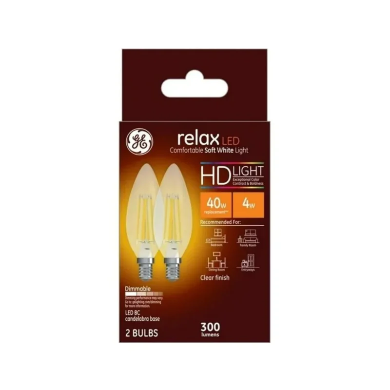 Pack of 2 General Electric 40W equivalent soft white LED candelabra bulbs, E12 base.