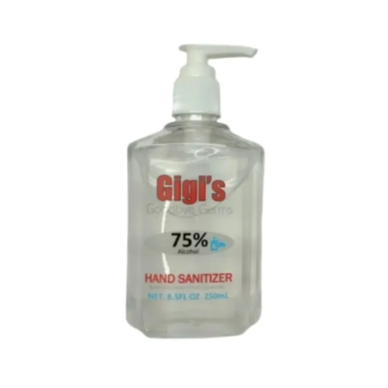 Bottle of Gigi's Goodbye Germs 75% Alcohol Hand Sanitizer, 250mL, clear pump bottle.