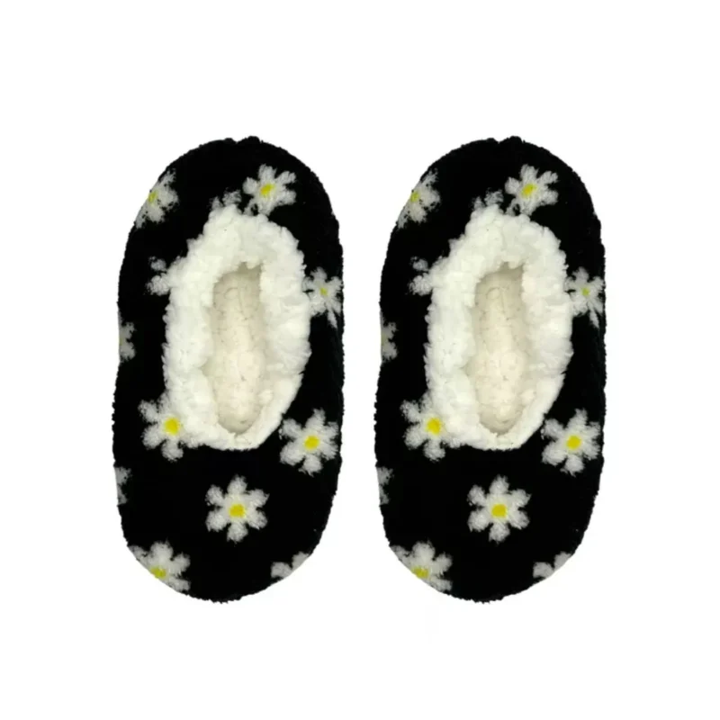 Charcoal grey slipper socks with a white and yellow daisy pattern and a white sherpa lining.