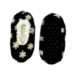 Charcoal grey slipper socks with a white and yellow daisy pattern and a white sherpa lining.