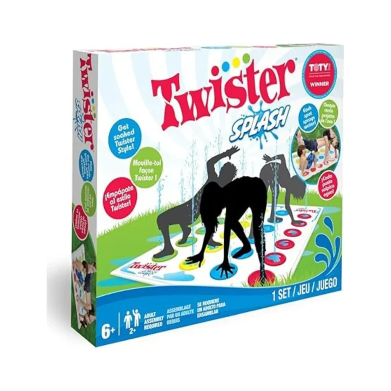 Kids playing the Hasbro Twister Splash water game in a sunny backyard.