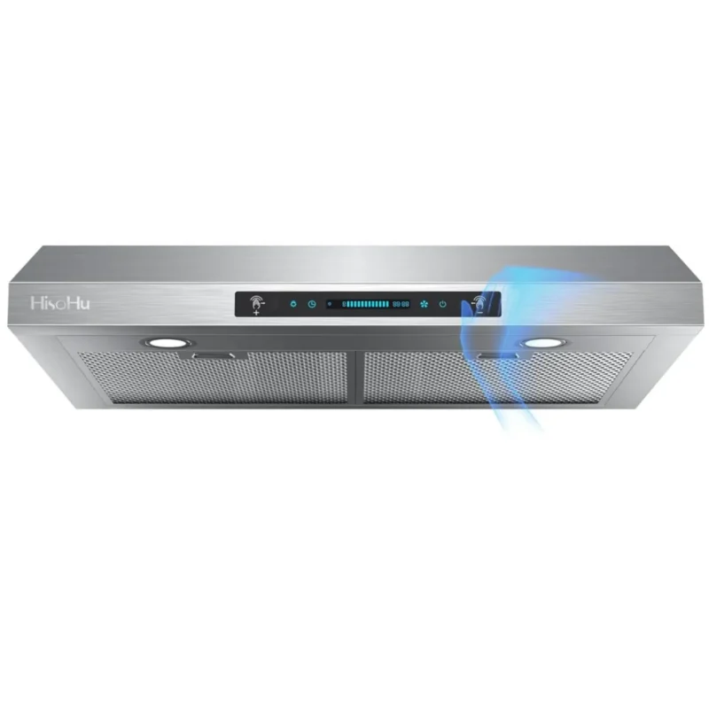 Sleek stainless steel HisoHu 30" under cabinet range hood with powerful 900 CFM suction.
