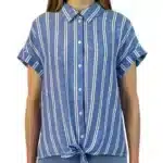 Stylish JACHS blue and white striped linen blend tie-front shirt, size XL, perfect for summer.