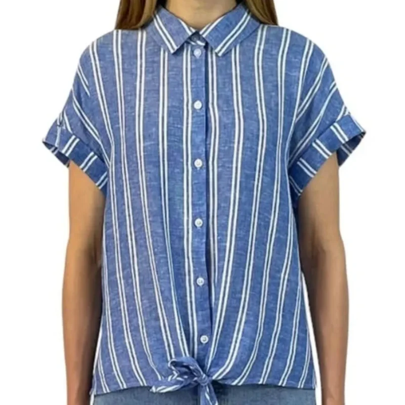 Stylish JACHS blue and white striped linen blend tie-front shirt, size XL, perfect for summer.