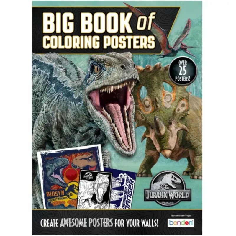 Jurassic World Big Book of Coloring Posters featuring 25+ vibrant dinosaur illustrations ready to be colored.