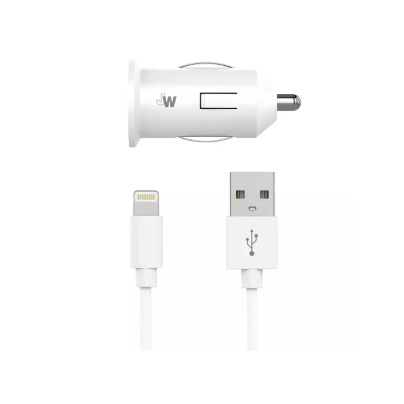 Black 4ft coiled lightning car charger with fast charging and LED indicator, MFi Certified.