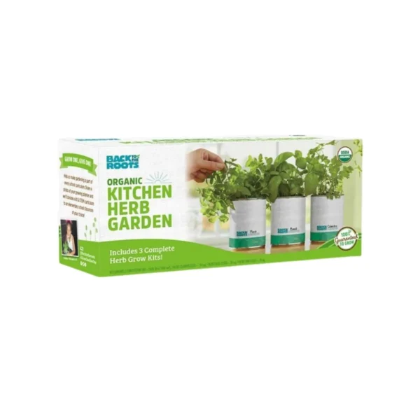 Three-pack of organic herb garden kits (Basil, Mint, Cilantro) ready to grow. No transplant needed!