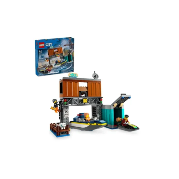 LEGO City Police Speedboat and Crooks' Hideout Playset, blue and grey, action-packed police chase