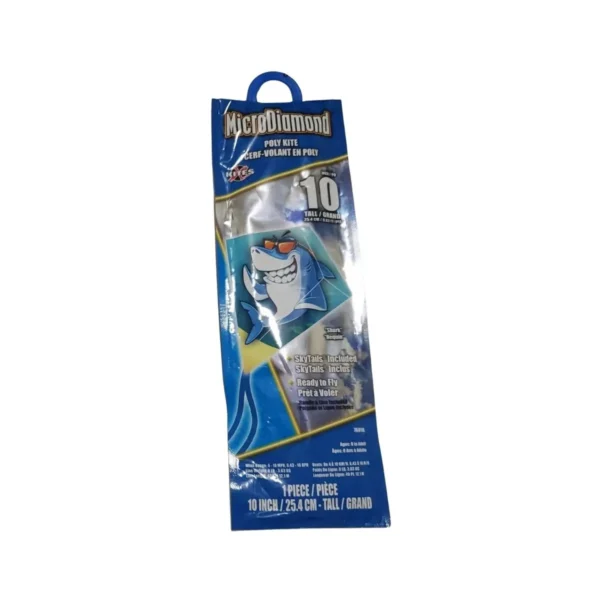 Two blue MicroDiamond Poly kites, Shark design, 10-inch skytails, ready for outdoor fun!