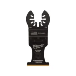 Three Milwaukee 1-3/8" titanium oscillating multi-tool blades for metal cutting.