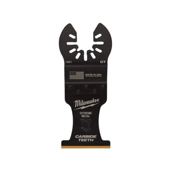 Three Milwaukee 1-3/8" titanium oscillating multi-tool blades for metal cutting.