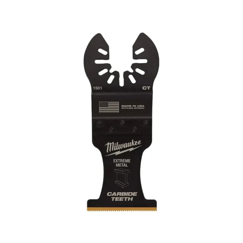 Three Milwaukee 1-3/8" titanium oscillating multi-tool blades for metal cutting.