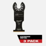 Three Milwaukee 1-3/8" titanium oscillating multi-tool blades for metal cutting.
