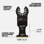 Three Milwaukee 1-3/8" titanium oscillating multi-tool blades for metal cutting.