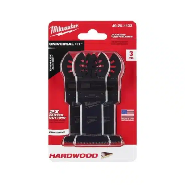 Three Milwaukee 1-3/8 in. high-carbon steel oscillating blades with Japanese teeth, perfect for hardwood.