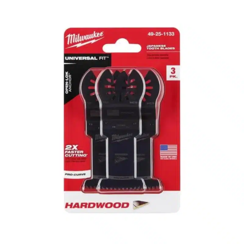 Three Milwaukee 1-3/8 in. high-carbon steel oscillating blades with Japanese teeth, perfect for hardwood.
