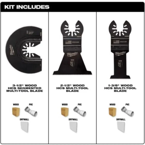 Milwaukee 3-Piece Wood Cutting Oscillating Multi-Tool Blades, Black, for precise woodworking projects.