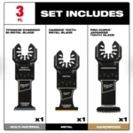 Milwaukee 3-piece oscillating multi-tool blade pack. Universal fit, for various materials.