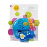 Kids playing with a Mini Bubble Blaster, creating tons of bubbles outdoors.