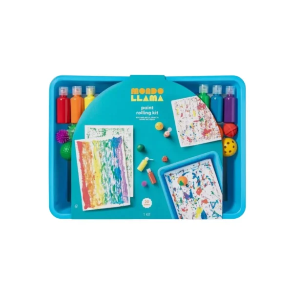 Mondo Llama paint roller kit with tray, vibrant multi-color paints. Perfect for crafts and home projects.