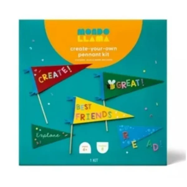 Child happily creating a pennant with the Mondo Llama Create-Your-Own Pennant Kit.