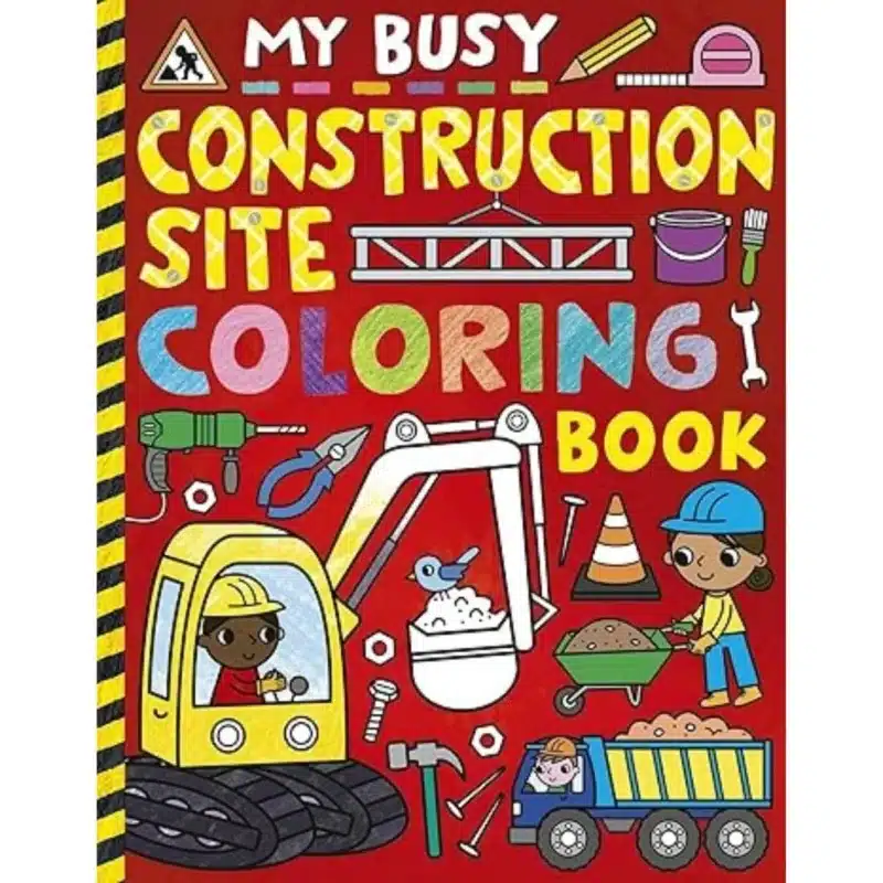 A child happily coloring a construction-themed coloring book.